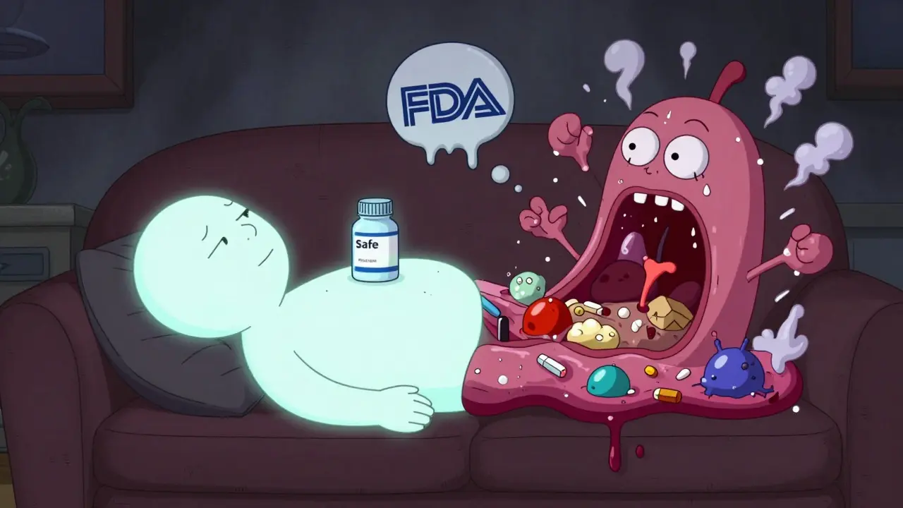 A person split in two: one side calm, the other attacked by cartoonish blobs of lactose and dyes invading their body.