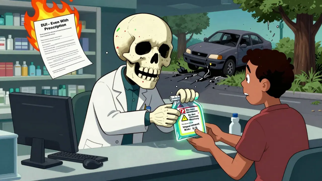 A pharmacist handing out pills as a giant pill-skull looms, with a crashing car and legal warning burning in background.