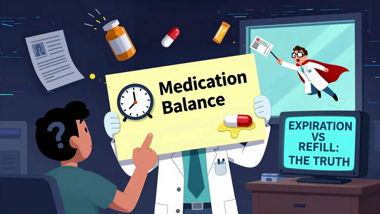 A pharmacist holds a giant gift card labeled 'Medication Balance' while a patient with a question mark head looks on, in a surreal medical cartoon.