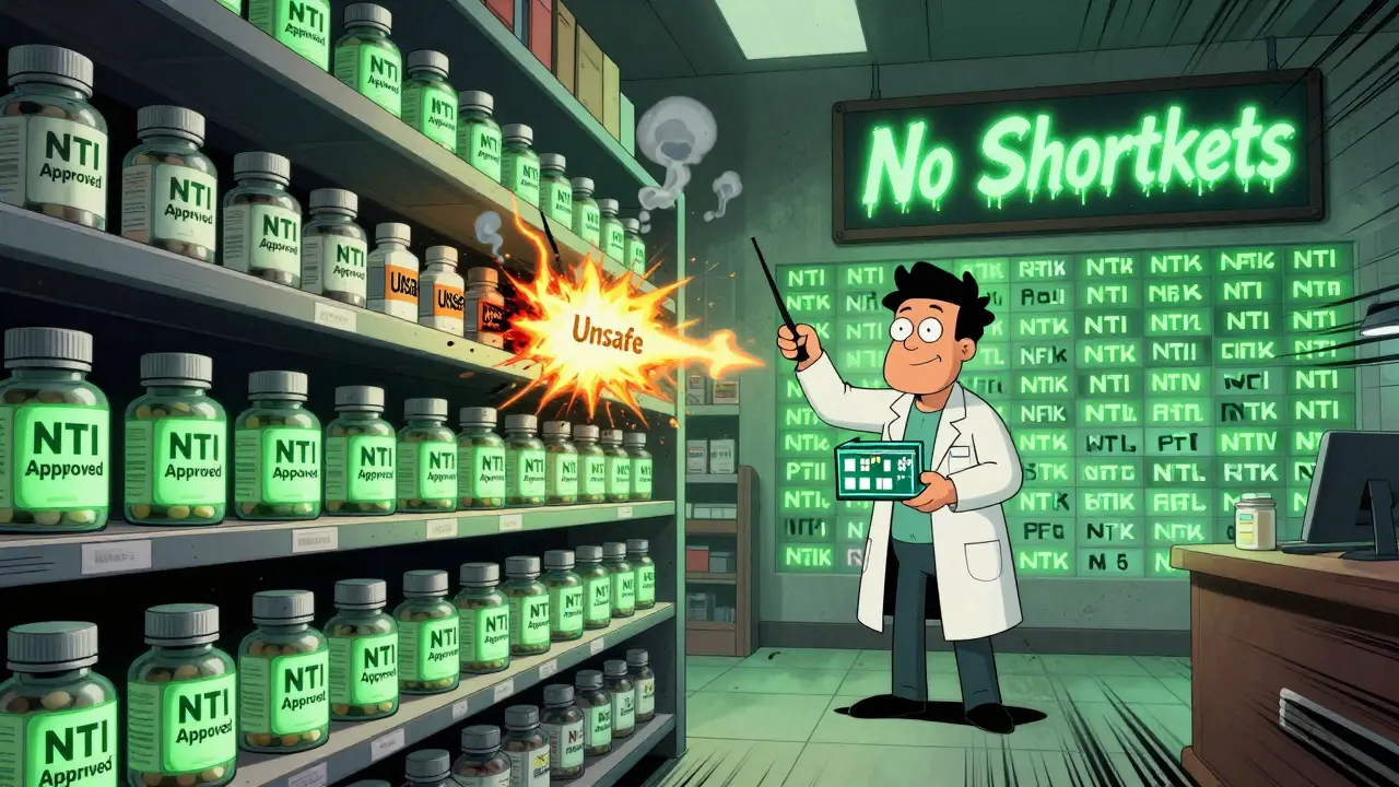 A pharmacy shelf with glowing approved NTI generics and exploding unsafe ones, a scientist holding a PBPK model, and a 'No Shortcuts' sign.