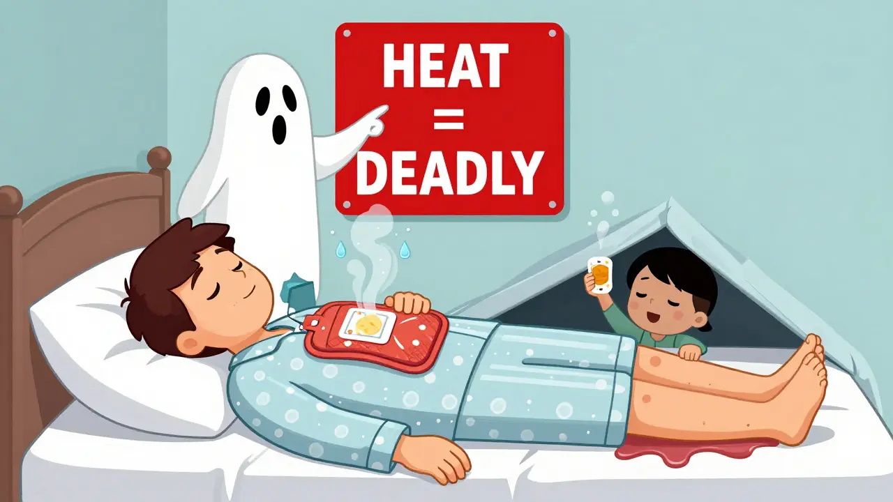 A sleeping person with a heating pad over a patch, melting into wax while a child reaches for a discarded patch under the bed.