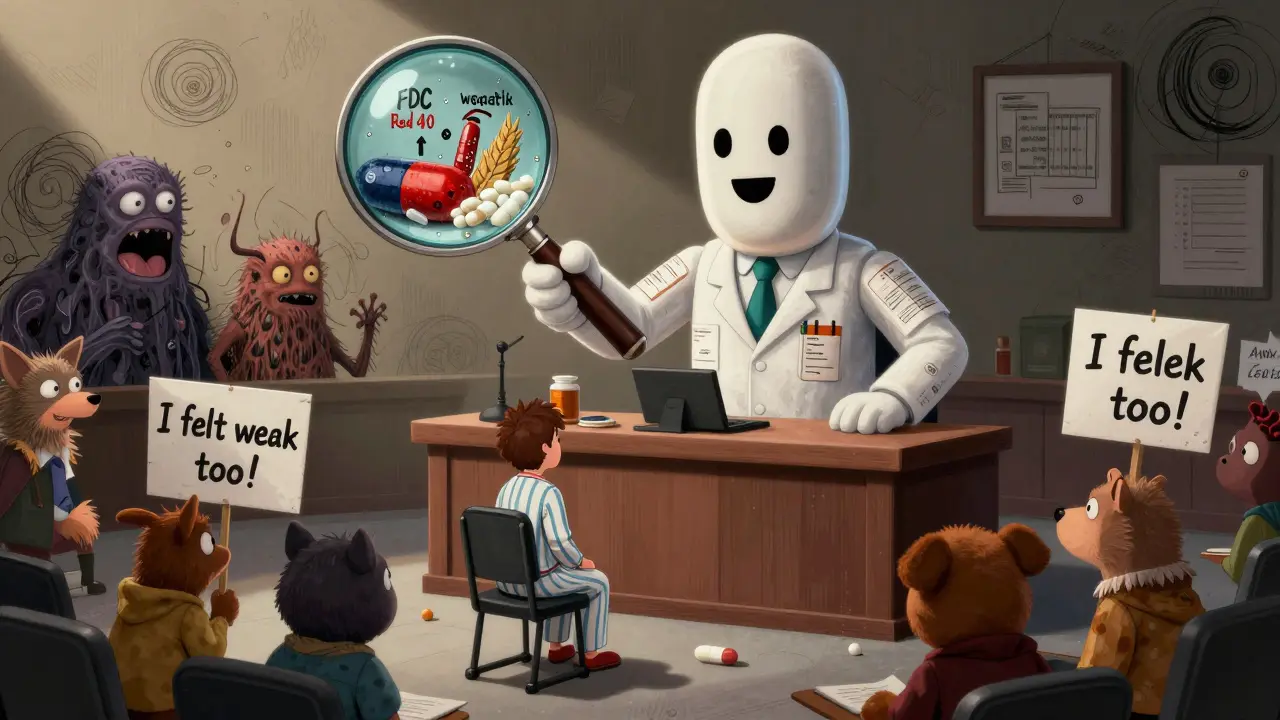 A tiny patient suing a giant pill corporation in a courtroom filled with exaggerated ingredient monsters and a melting FDA logo.