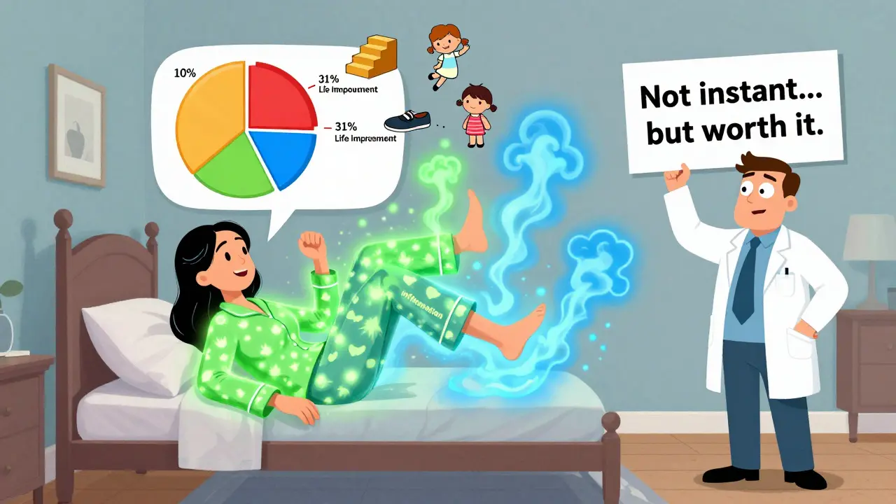 A woman doing leg lifts while inflammation turns to energy, with icons of improved mobility floating around her.