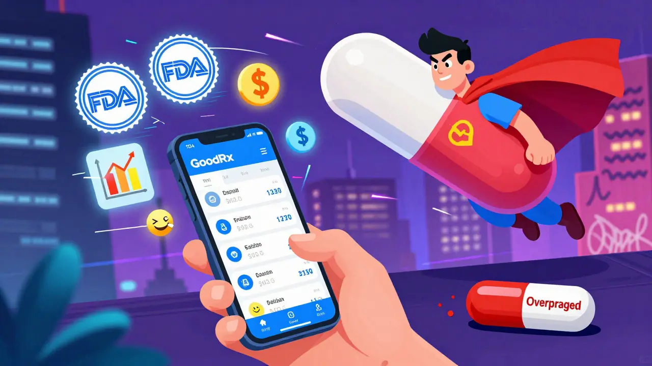 A young adult checking drug prices on a phone, with a superhero generic pill flying past a defeated brand-name pill.