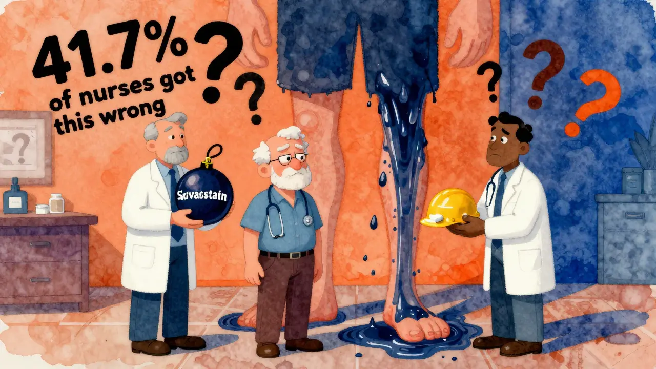 An elderly man caught between dangerous and safe statins, with a giant enzyme monster rising from his leg.