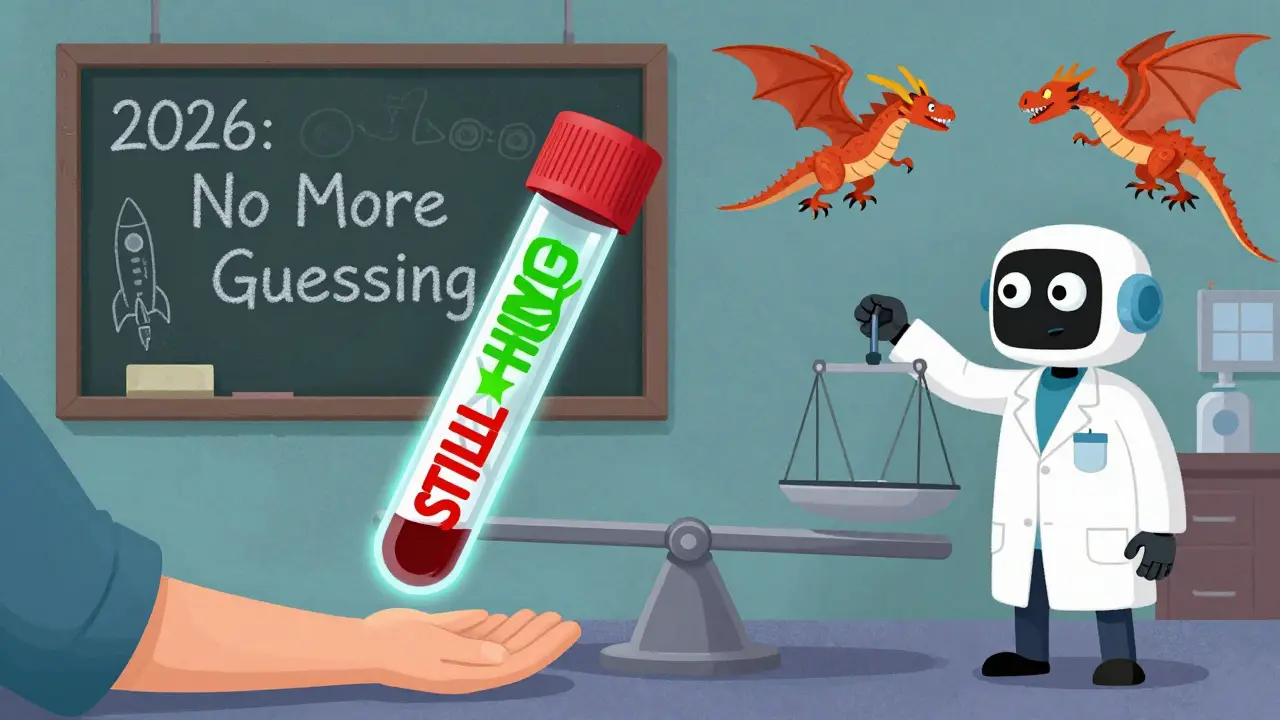 Blood test tube with glowing DNA strands showing if cancer is gone, watched by a quirky pathologist.