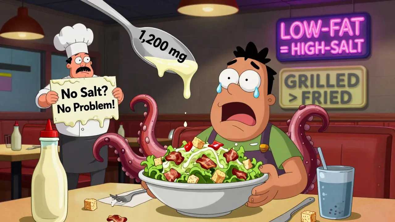 Diner struggling with a salad covered in salty tentacles in a neon-lit restaurant.