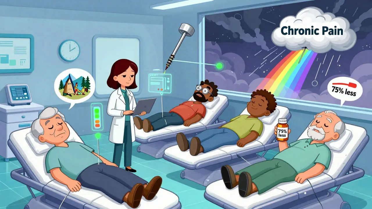 Diverse patients in a futuristic clinic with floating needles and falling pain meters turning green.