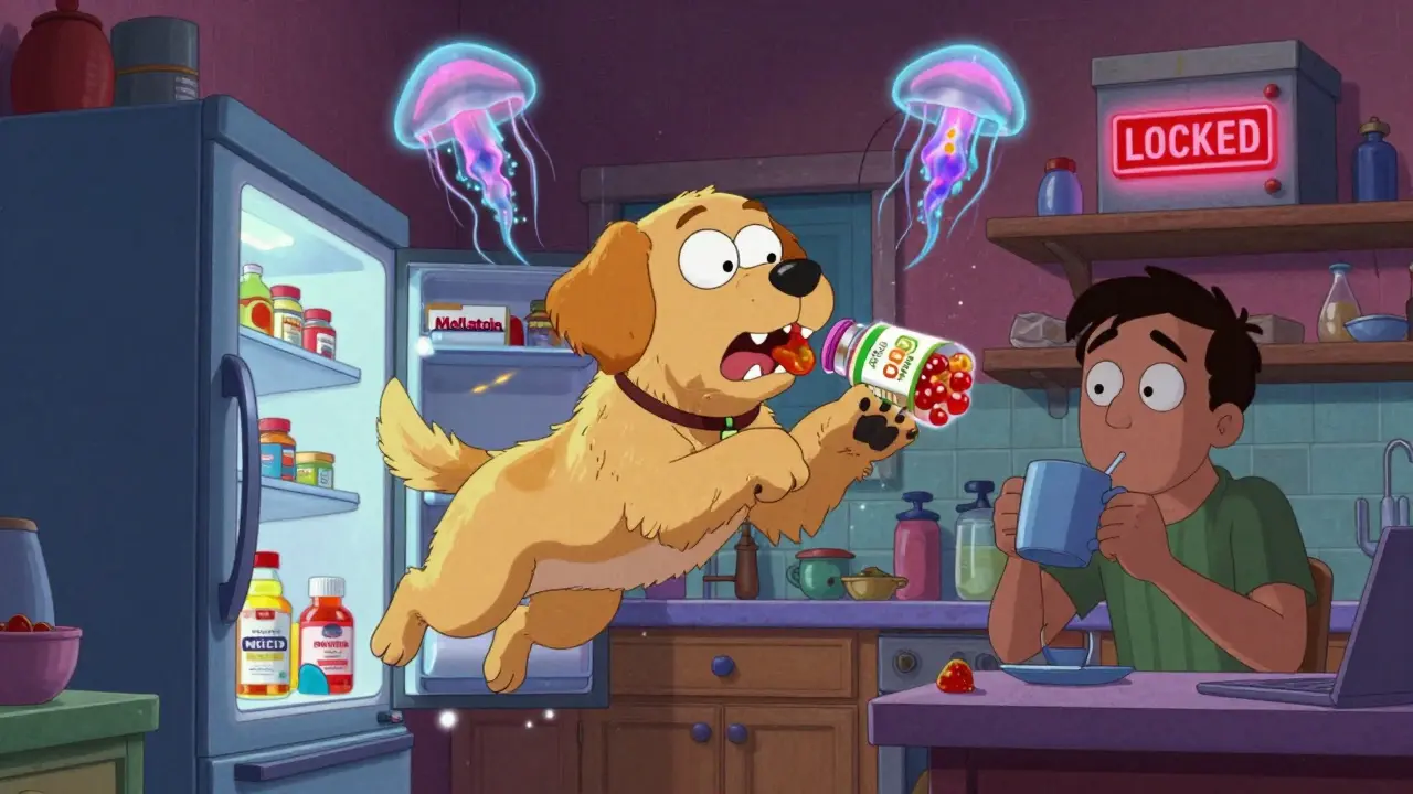Dog leaping from fridge with gummy vitamin bottle, parent distracted with coffee, meds floating around.
