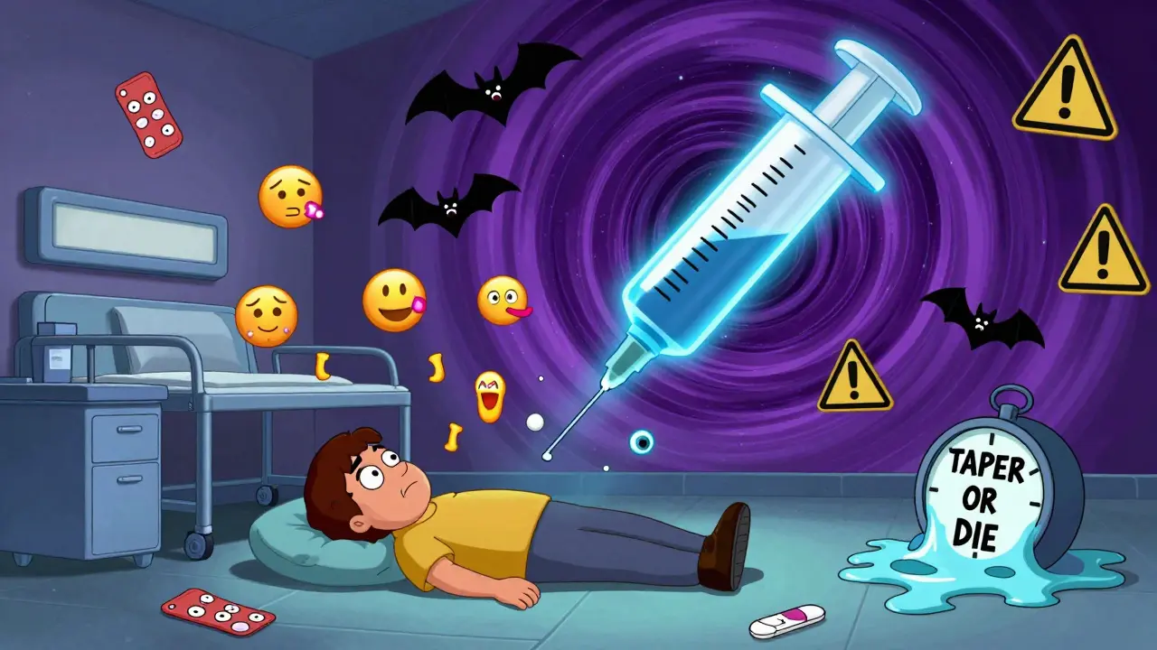 Fentanyl patches flying like bats in a psychedelic hospital scene, with symptoms and a giant naloxone syringe descending.