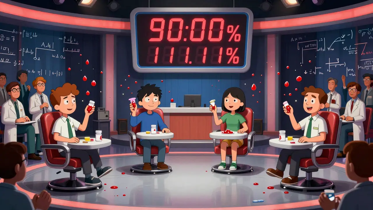 Four patients in a surreal clinical trial game show, with blood droplets flying and a narrow bioequivalence range displayed prominently.
