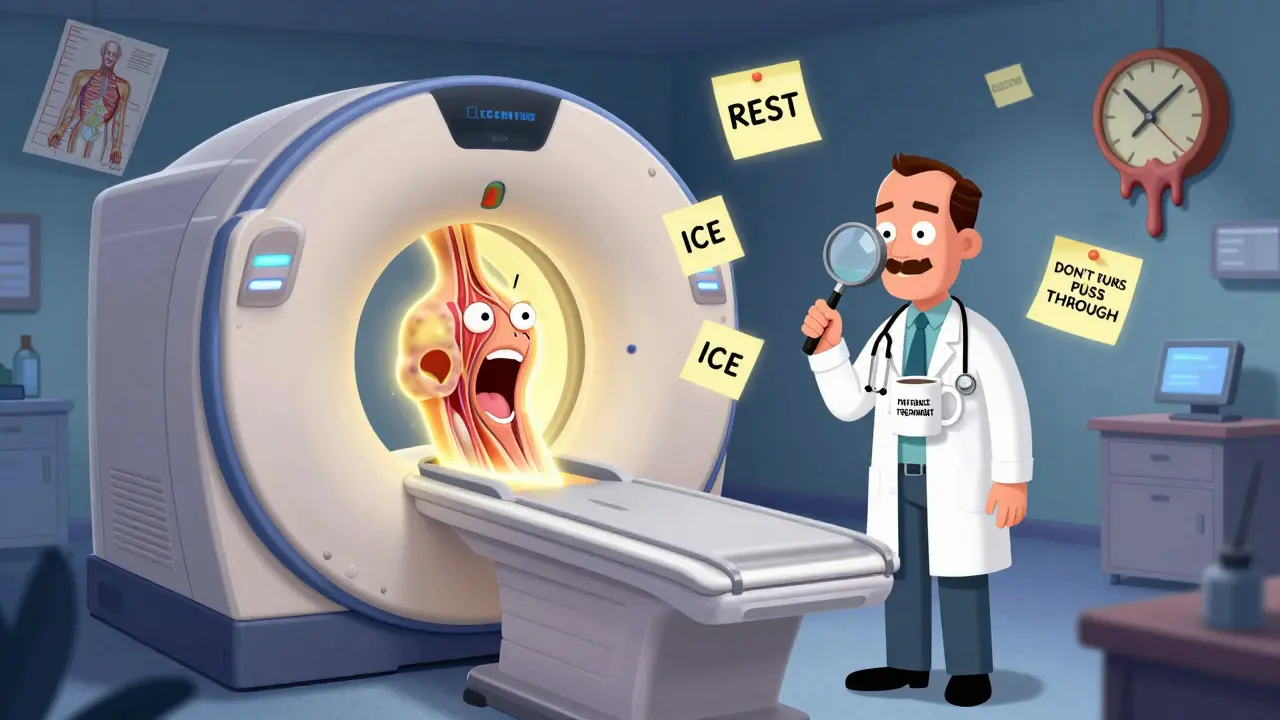 MRI machine revealing inflamed shoulder structures with advice notes floating around