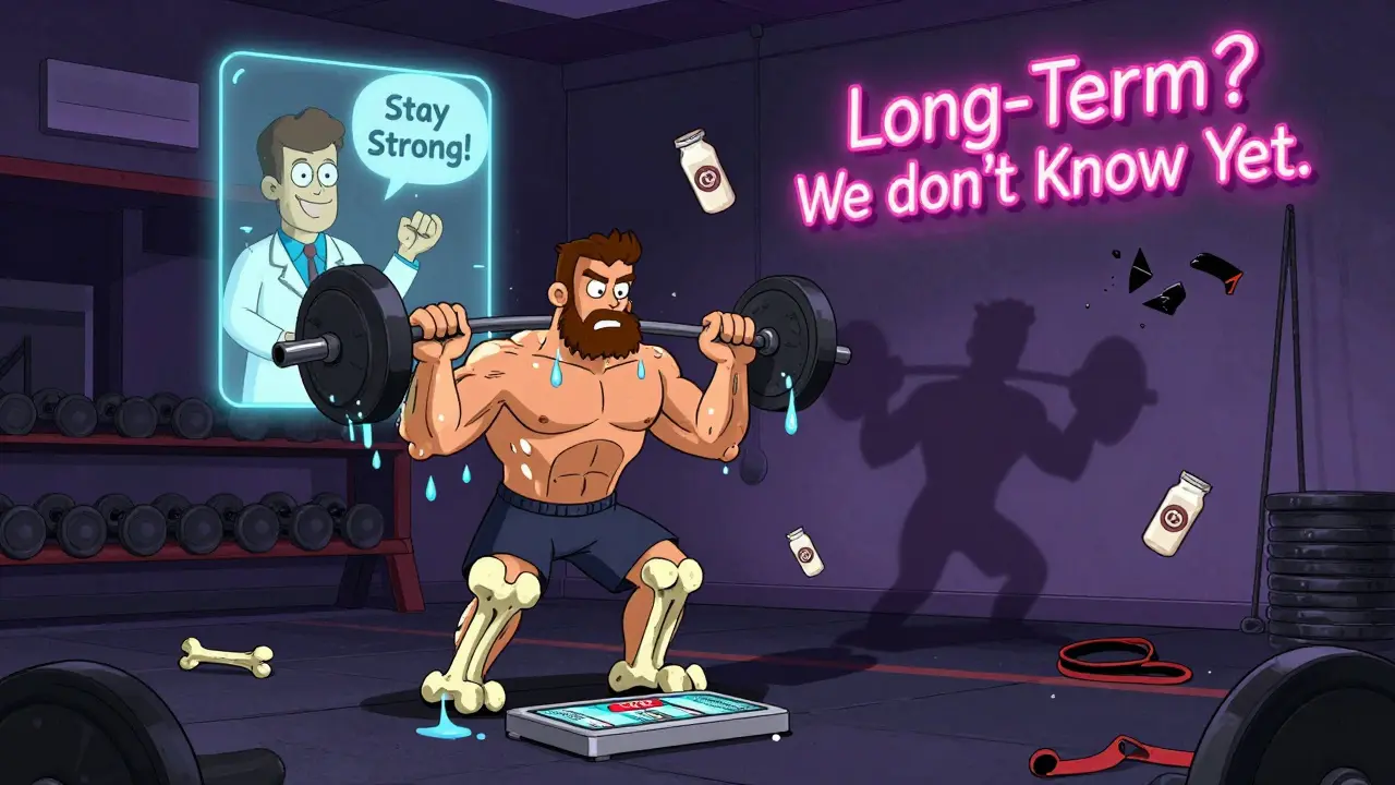 Muscular person losing muscle mass in gym while hologram gives false reassurance