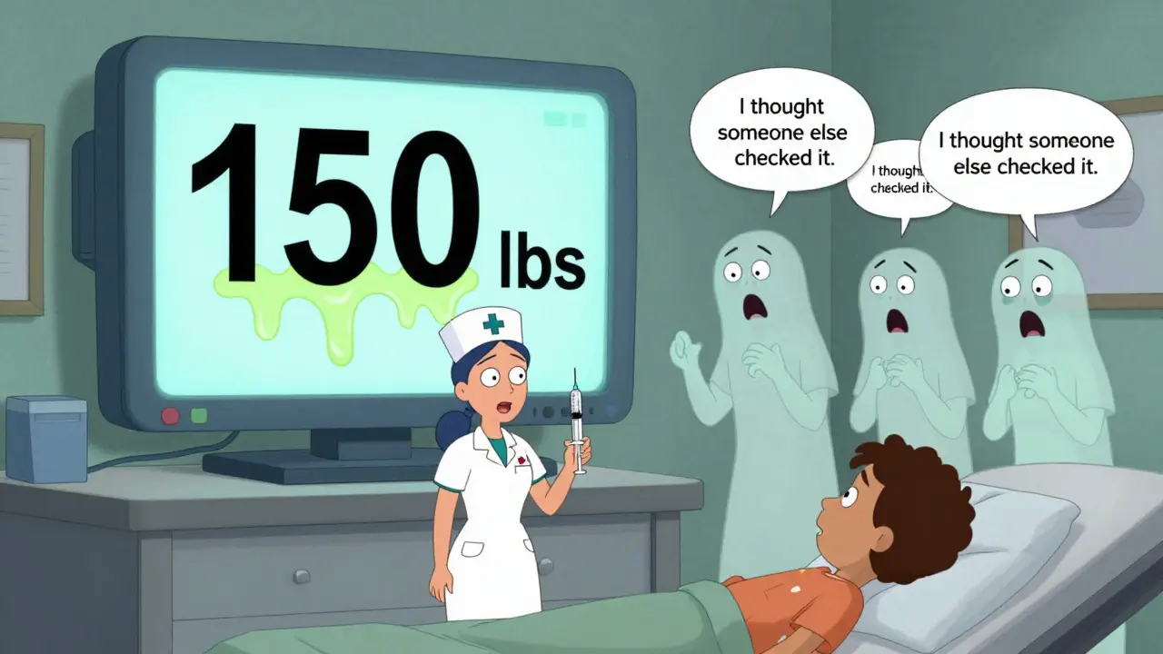 Nurse frozen at bedside as EHR screen displays dangerously wrong weight in melting numbers.