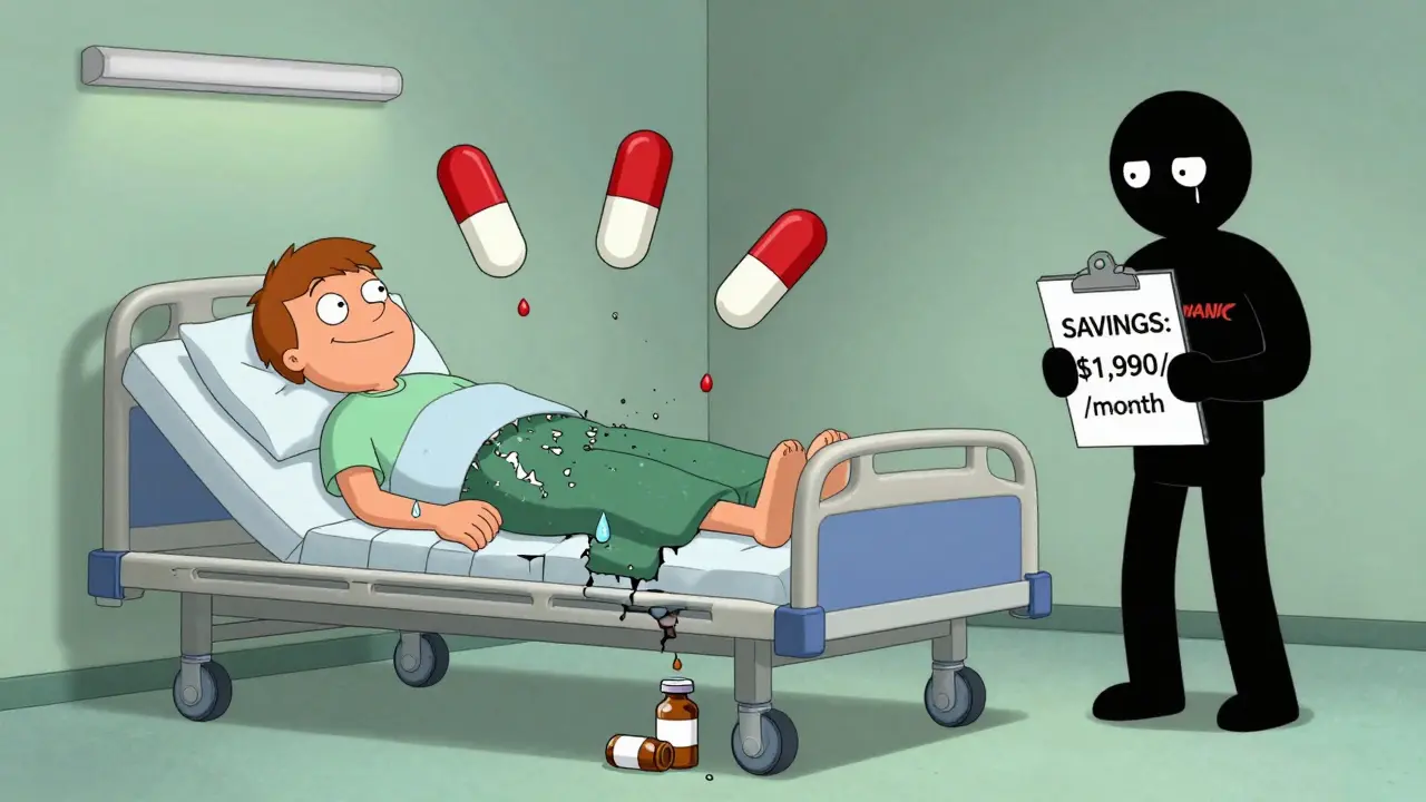 Patient's joints crumbling as generic pills float like fallen heroes, with insurance holding a savings clipboard.