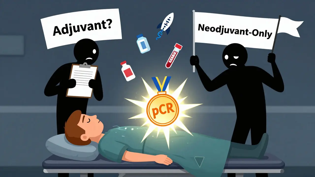 Patient with a glowing pCR medal while two figures debate neoadjuvant vs. adjuvant therapy.