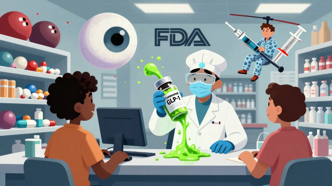 Pharmacist handing dangerous compounded drug to customer as FDA eyeball watches