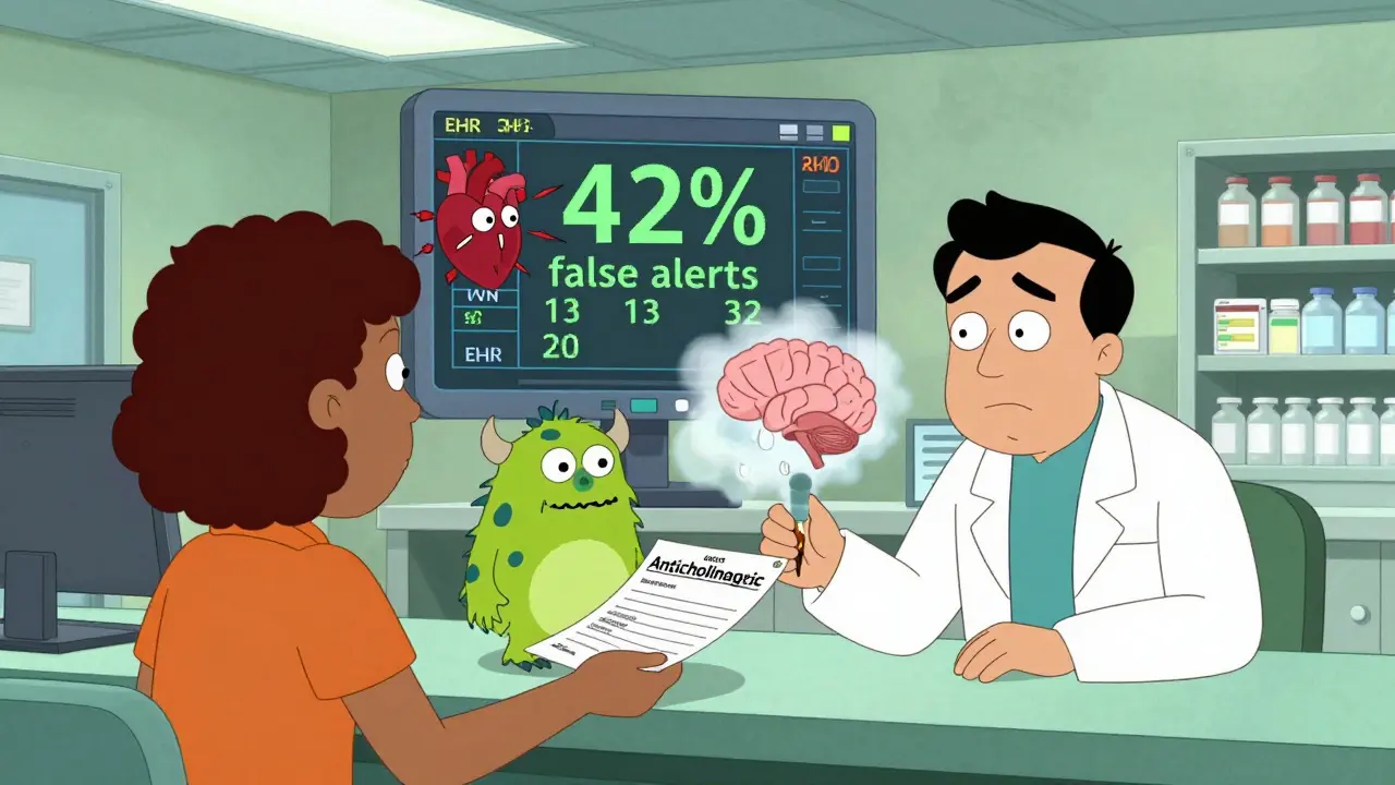 Pharmacy counter where pills turn into monsters attacking organs, under a flashing alert screen.