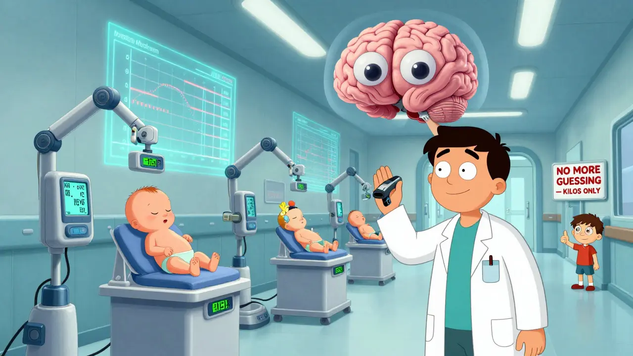 Robotic scales weigh infants in kilograms while AI projects growth charts in a futuristic hospital.