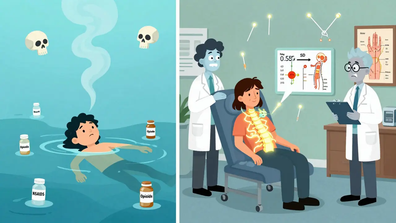 Split scene: person overwhelmed by pills vs. calm with glowing acupuncture needles and a light dragon.