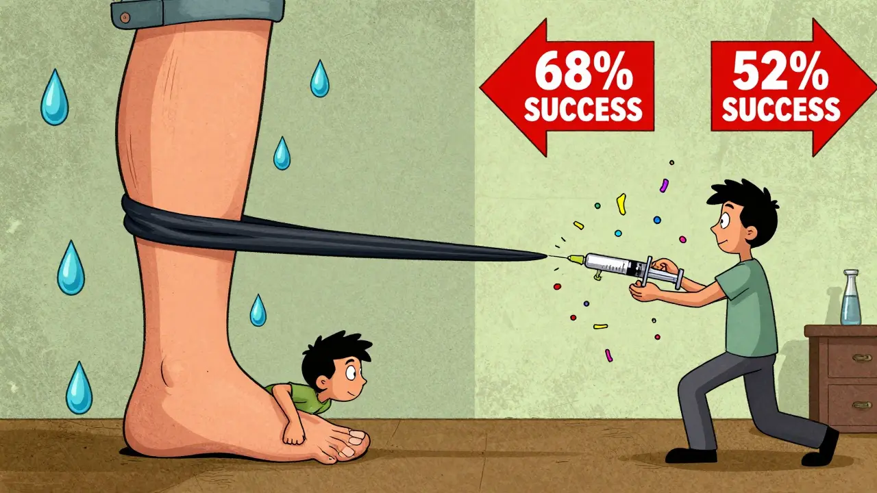 Split-screen showing eccentric heel drop vs cortisone injection with success stats