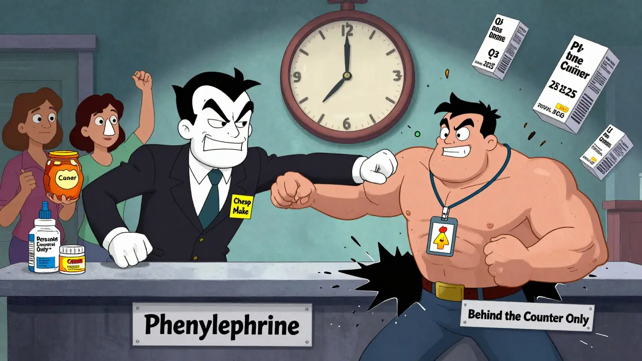 A cartoon battle between ineffective phenylephrine and effective pseudoephedrine, with consumers holding honey and nasal spray.