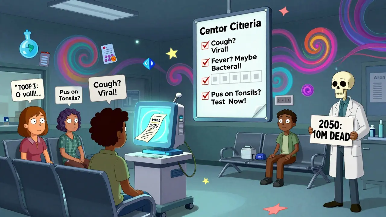 A chaotic ER scene with patients labeled by infection type, a checklist HUD, and a FebriDx machine showing viral result.