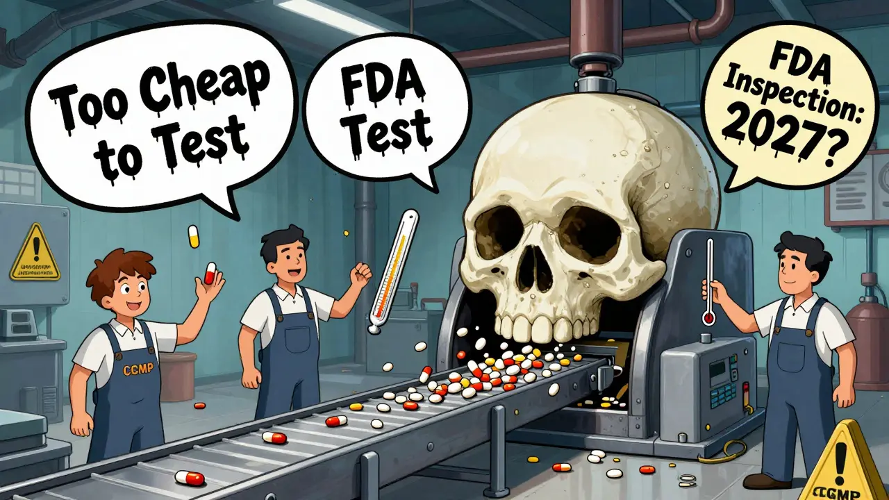 A chaotic generic drug factory with workers ignoring safety rules, contaminated pills falling into a skull-shaped trash compactor.