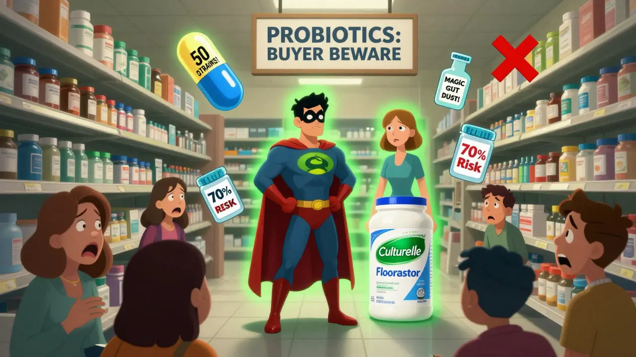 A chaotic pharmacy shelf with misleading probiotic products beside two trusted brands glowing like heroes.