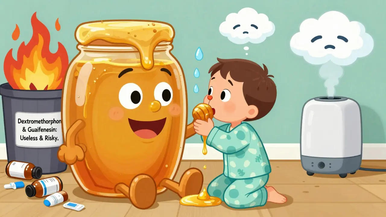 A child being soothed by a friendly honey jar while saline droplets and a humidifier ease congestion.