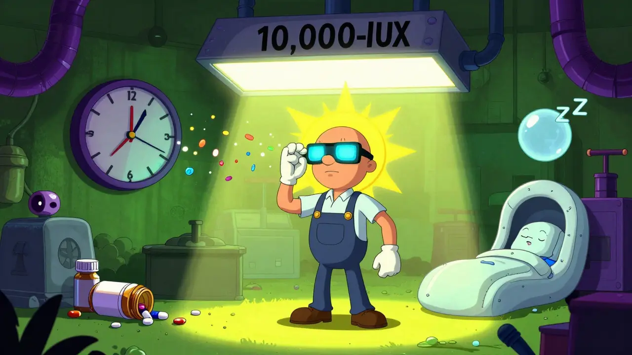 A factory worker under a bright light box, with a spinning circadian clock vomiting sleep cycles, while pill bottles crumble nearby.
