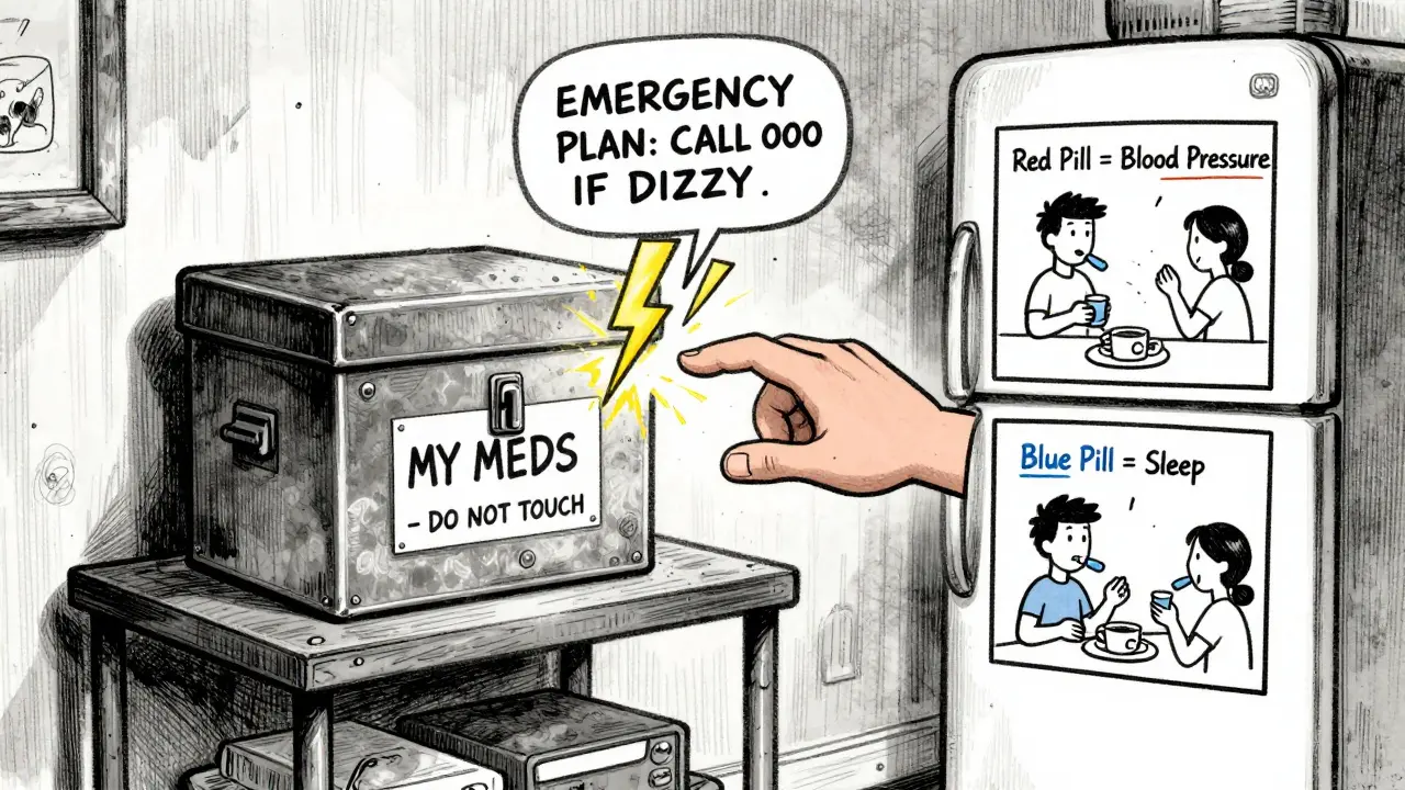 A locked medication box on a shelf with a warning sign and a fridge showing visual pill instructions.