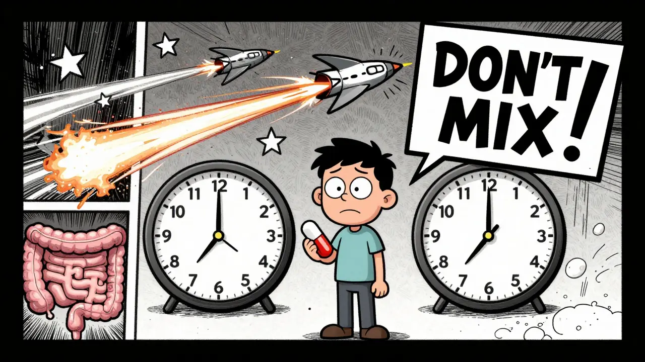 A patient between two clocks with a warning sign, while probiotic yeast jets fly through the air.