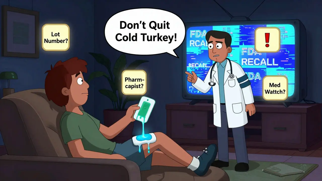 A patient holding a leaking fentanyl patch while floating medical alerts appear around them, a doctor warns not to stop medication suddenly.