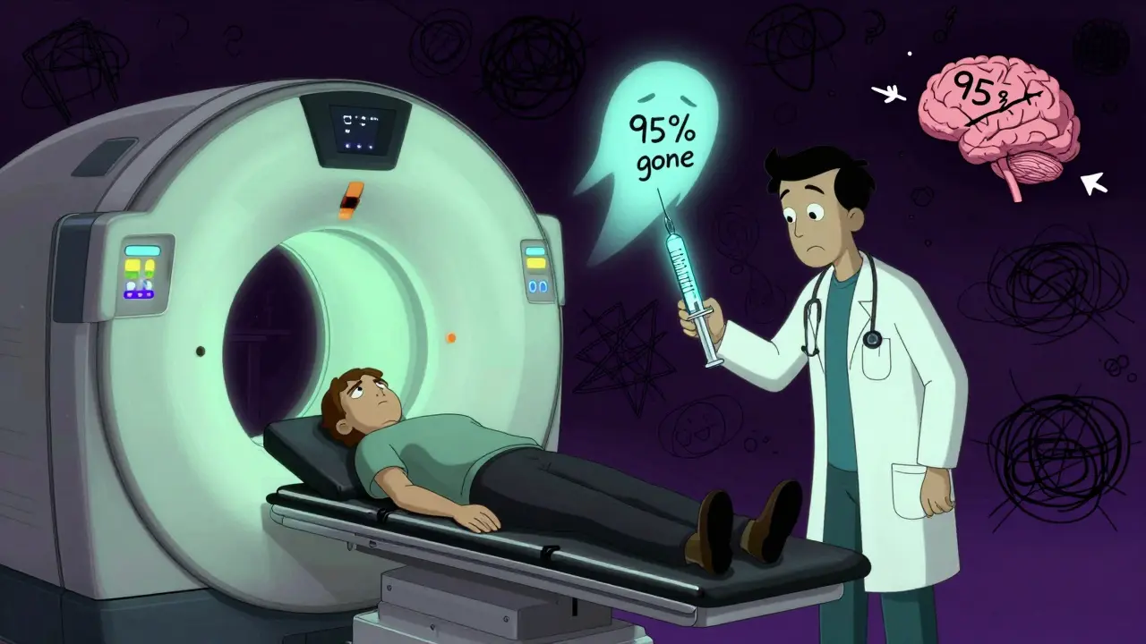 A patient undergoing spinal fluid test, with a ghostly brain and doctor holding a syringe of hypocretin.