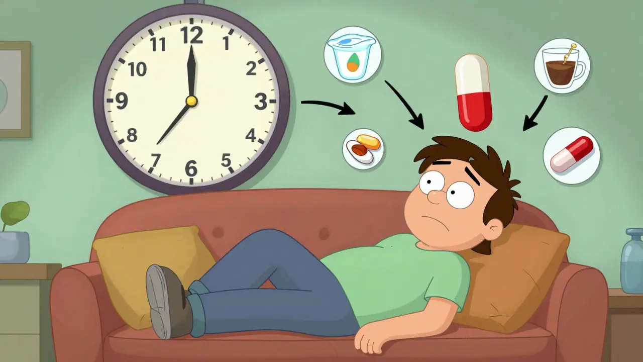 A person on a couch with floating supplements and seasonal clock disrupting levothyroxine absorption, in chaotic cartoon style.
