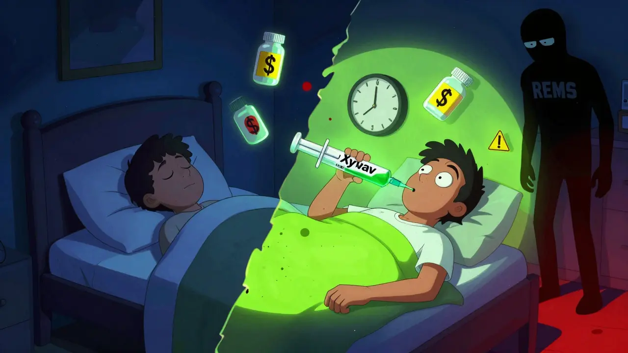 A person taking nighttime medication for narcolepsy, with floating symbols of cost, control, and sleep disruption.