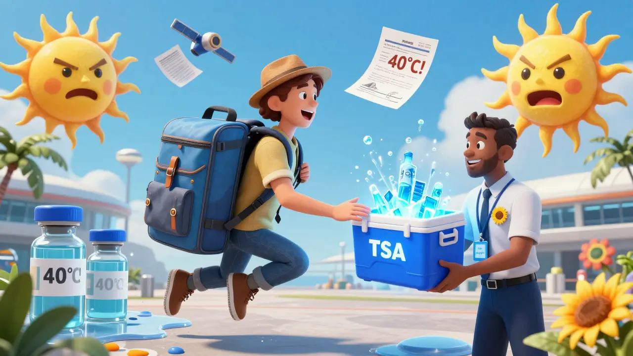 A person with a high-tech cooling wallet floating through an airport as insulin melts around them.