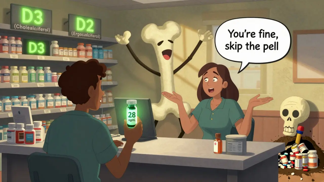 A pharmacy shelf with glowing D3 and deflated D2, a blood test reads 28 ng/mL, a bone dances happily.