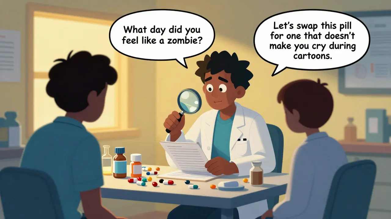 A quirky pharmacist and patient reviewing a symptom log together, surrounded by medication bottles and warm lighting.