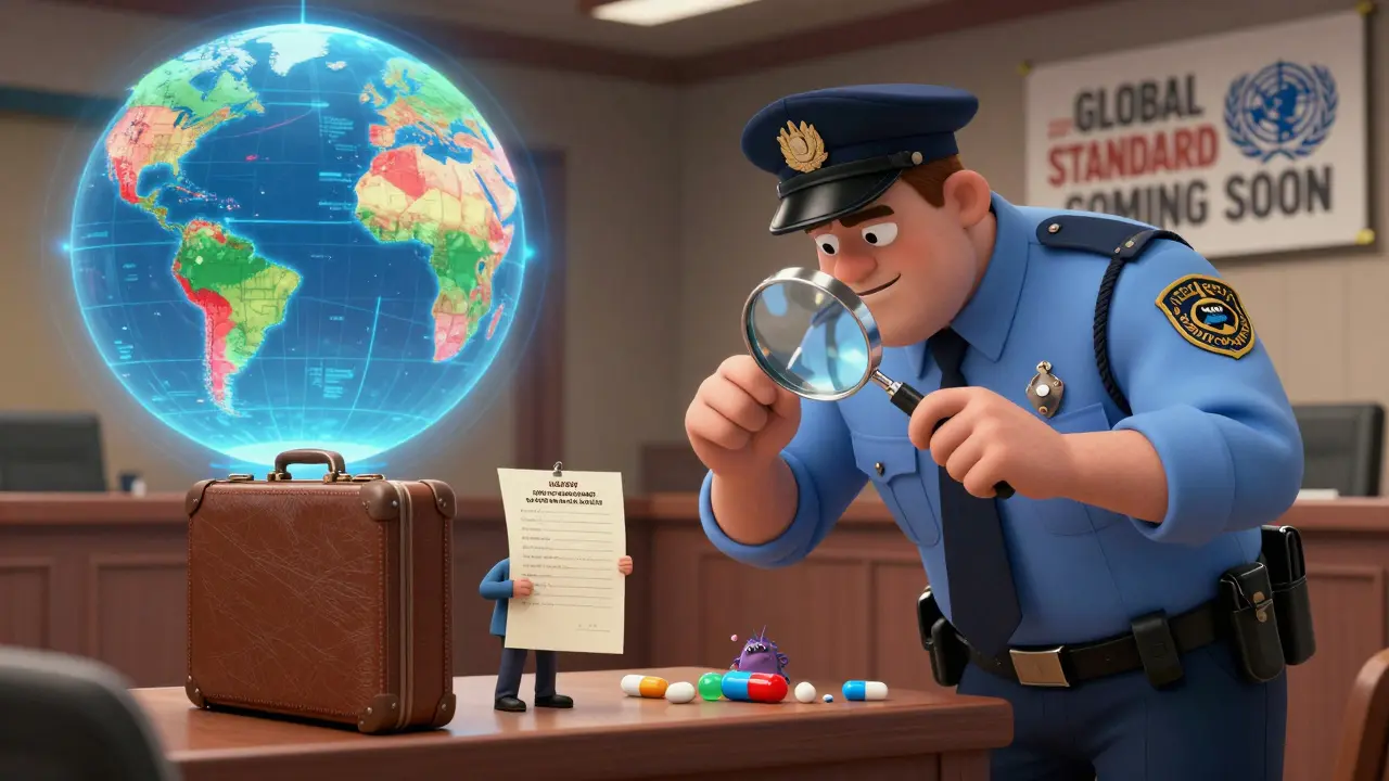 A suitcase on trial in a surreal courtroom with a doctor's letter as defense and global drug laws displayed.