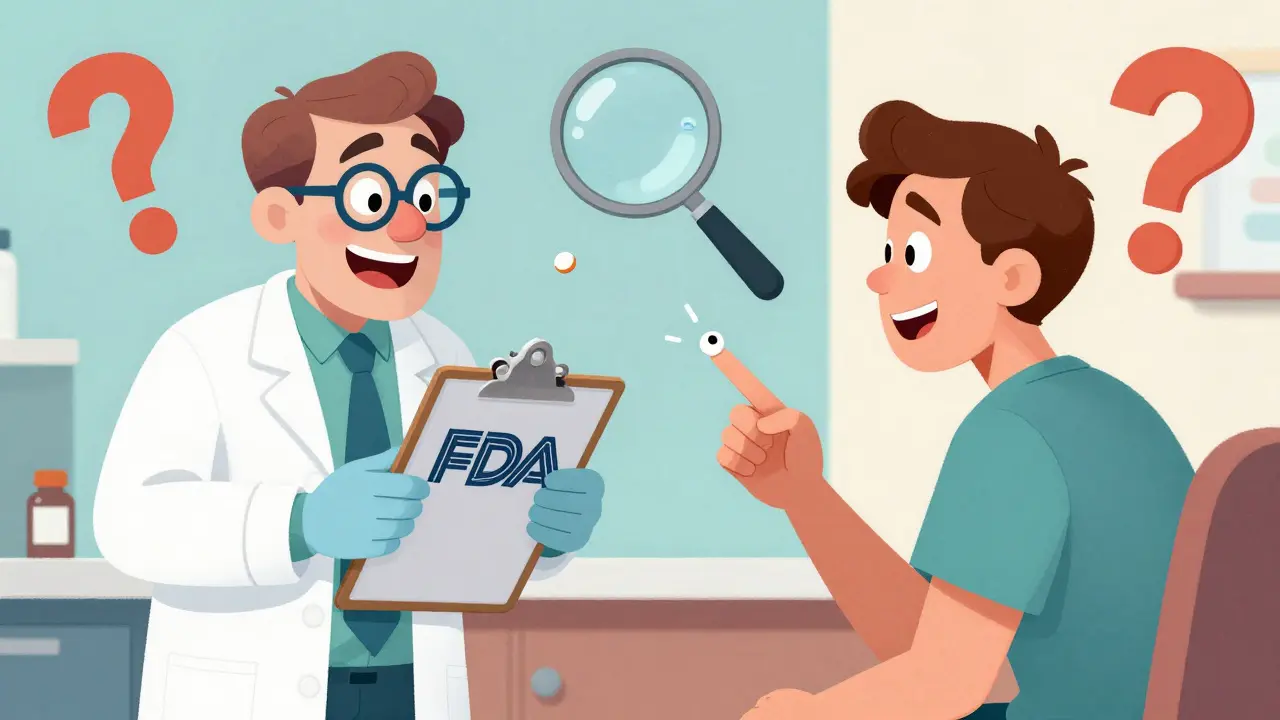 Patient and pharmacist discussing medication options with abstract symbols.