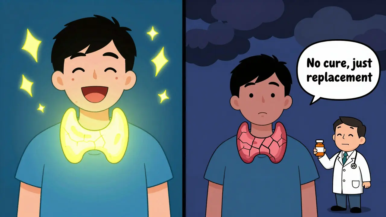 Split scene showing healthy vs. damaged thyroid with text 'No cure, just replacement' and doctor holding pill bottle.