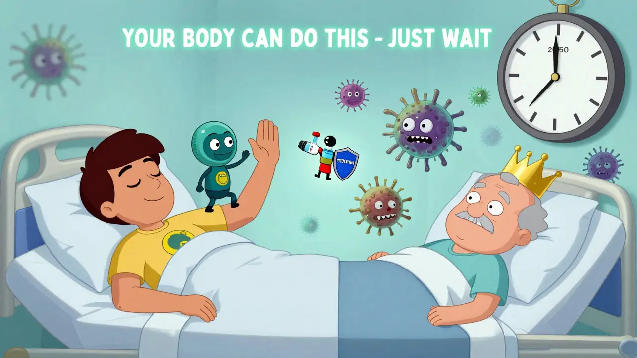 Split-screen of healthy person resting vs. elderly patient overwhelmed by antibiotic-resistant bacteria, with vaccine vial flying in.