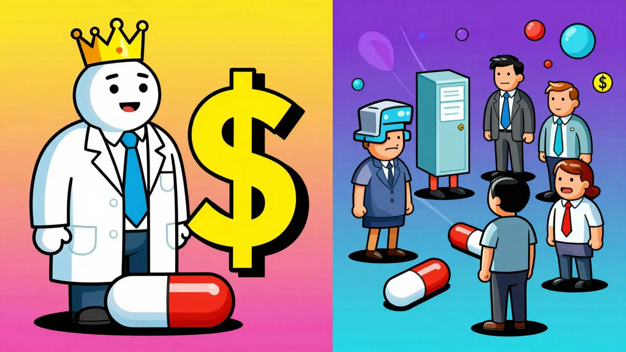 Split-screen of single company monopoly vs multiple companies competing over pills.