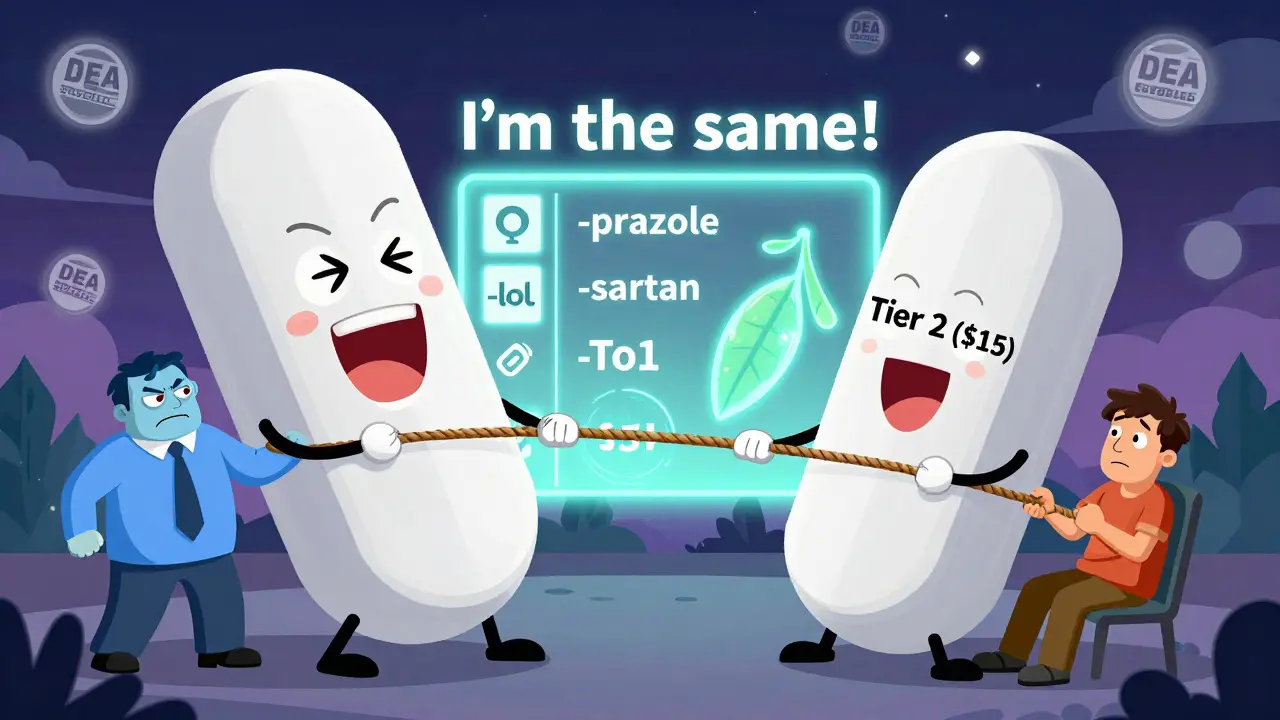 Two versions of a generic pill being pulled apart by insurer and patient, with drug stem names glowing in the background.