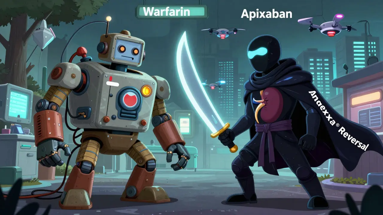 A cartoon battle between a clunky warfarin robot and a futuristic apixaban ninja, representing drug choice dilemmas.