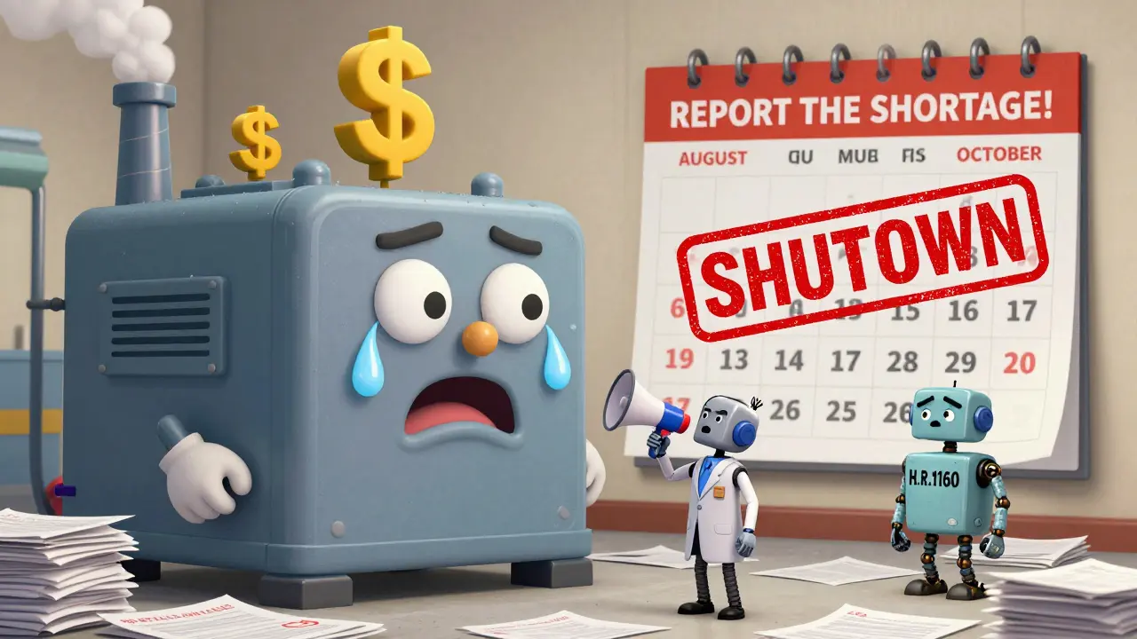A cartoon factory with dollar sign smokestacks sweating as a tiny inspector yells for shortage reports, shutdown stamp visible.