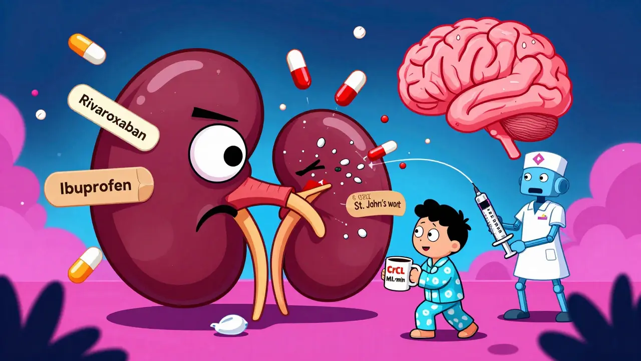 A cartoon kidney is being overwhelmed by pills and a warning sign, representing kidney-related bleeding risks on blood thinners.