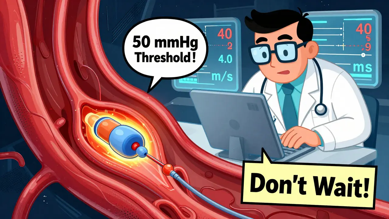 A catheter zooming toward a calcified heart valve, with floating medical metrics and a giant doctor watching.